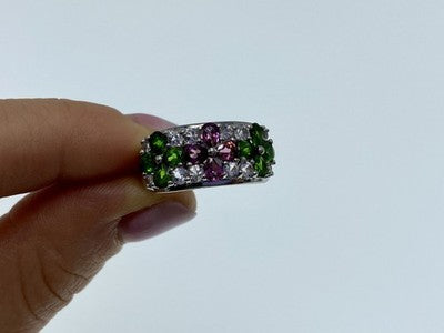 925 Sterling Silver Emerald, Pink Topaz & Goshenite "Flowers" Ring Size 7.5