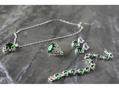 925 Sterling Silver Green CZ "Imitation Emerald" Set