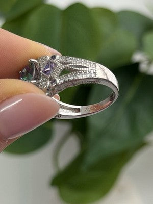 925 Sterling Silver Mystic Topaz & Amethyst & Beryl Ring Size 8