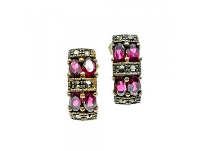 925 Sterling Silver Almandine & Marcasites Stud Earrings