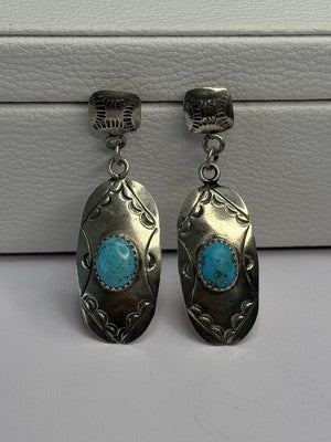 Vintage Native American 925 Sterling Turquoise Silver Earrings Length 1.90 Inch