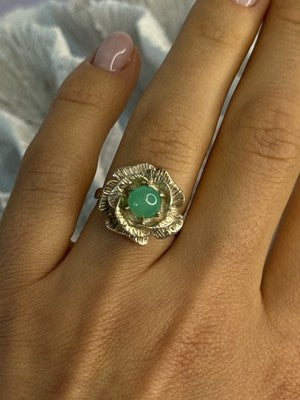925 Sterling Silver Nephrite Flower Ring Size 6.5