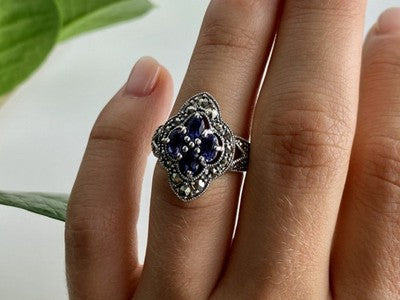 Vintage 925 Sterling Silver Amethyst & Marcasites Ring Size 5.5