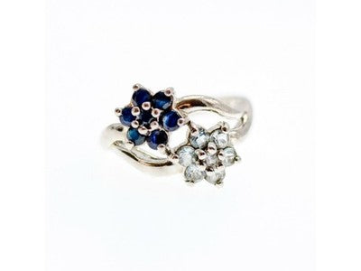 925 Sterling Silver Blue Sapphire & White Topaz "Flowers" Ring Size 7