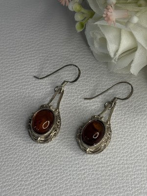 Vintage 925 Sterling Silver Amber Earrings Length 1.40 Inch