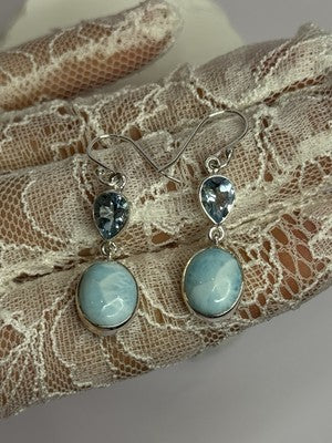 925 Sterling Silver Larimar & Topaz Earrings Length 1.7 Inch