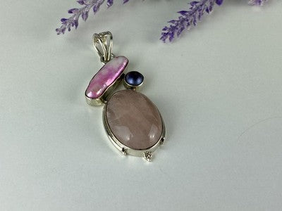 925 Sterling Silver Morganite, Haliotis & Pearl Pendant