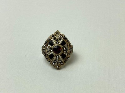 925 Sterling Silver Spessartine, Black Nephrite & Marcasites Ring Size 6.5