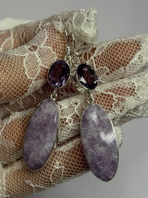 925 Sterling Silver Lepidolite & Amethyst Earrings Length 2.5 Inch