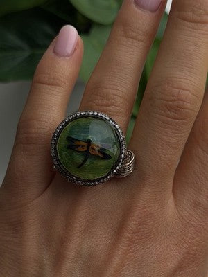 Vintage Nature Art 925 Sterling Silver Dragonfly Resin Ring Size 6.5