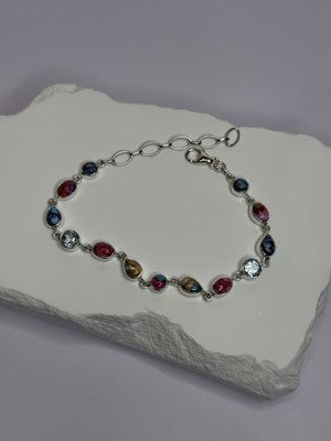 925 Sterling Silver Oyster Turquoise & Topaz Bracelet Length 6-8 Inch