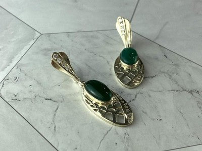 Vintage 925 Sterling Silver Green Agate & CZ Earrings