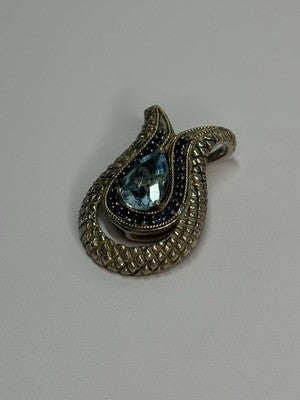 925 Sterling Silver 18k Yellow Gold Topaz & Sapphire Pendant Length 1.3 Inch