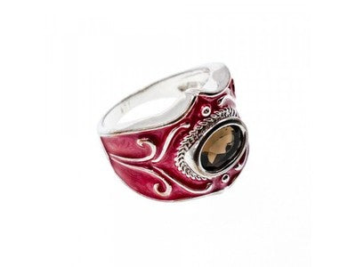 925 Sterling Silver Hessonite & Red Enamel Ring Size 9.5