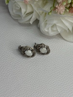 Vintage 925 Sterling Silver Opal Earrings Length 0.56 Inch