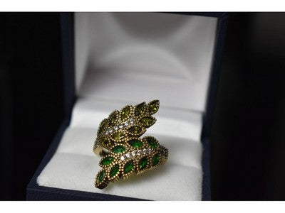 925 Sterling Silver With Gilding Green Alpanite & CZ Ring Size 8.5