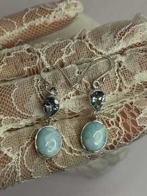 925 Sterling Silver Larimar & Topaz Earrings Length 1.7 Inch