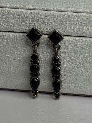 Vintage Jeneva J.A. 925 Sterling Silver Black Onyx Earrings Length 1.60 Inch