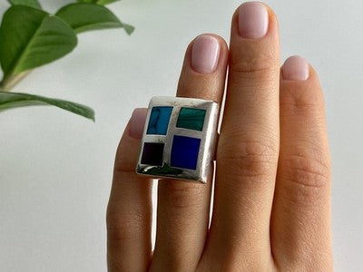 925 Sterling Silver Multicolor Agate Ring Size 5.5