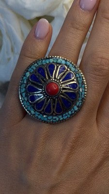 Large Southwestern 925 Sterling Silver Turquoise Coral Lapis Ring Size 7.5