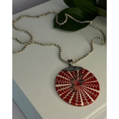Vintage 925 Sterling Silver Red Shell Necklace Pendant Length 3 inch