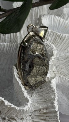 Vintage 925 Sterling Silver Pyritized Ammonite Pendant