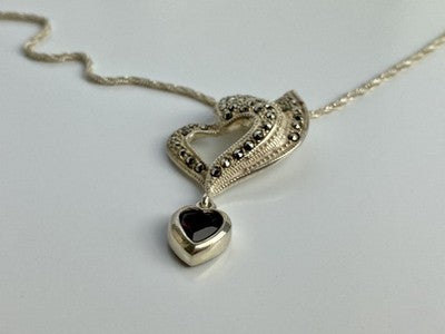 925 Sterling Silver Almandine & Marcasites Chain With Pendant