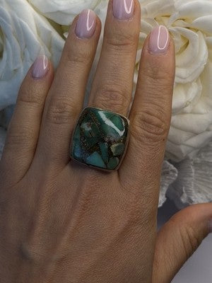 Vintage 925 Sterling Silver Green Turquoise Mosaic Ring Size 9.5