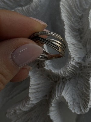 925 Sterling Silver White & Black Diamonds Ring Size 7