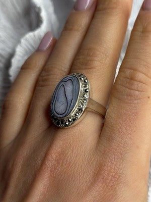925 Sterling Silver Abalone & Marcasite Ring Size 9