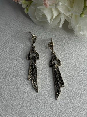 Elegant 925 Sterling Silver Marcasite Earrings Length 1.80 Inch