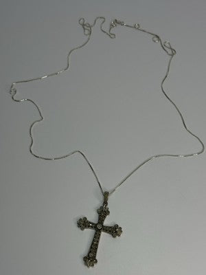 925 Sterling Silver Diamond Cross Necklace Length 30 In