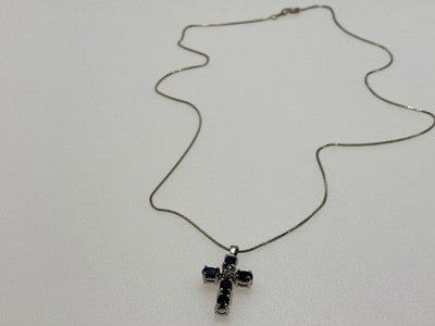 925 Sterling Silver Blue Spinel & Diamond Chain with Cross Italy