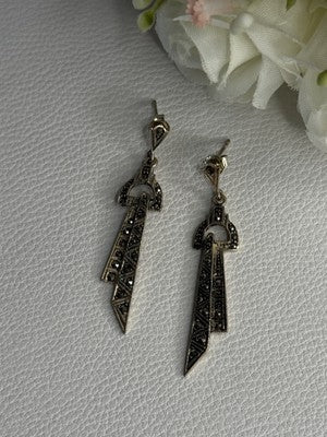 Elegant 925 Sterling Silver Marcasite Earrings Length 1.80 Inch