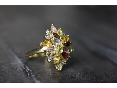 925 Sterling Silver Gold Plated Multi Gemstones Ring Size 6.5