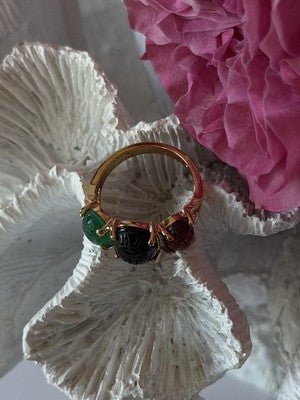 925 Sterling Silver Gold Plated Carved Carnelian Onyx Jade Ring Size 7