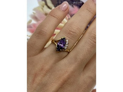 925 Sterling Silver Gold Plated Amethyst & CZ Ring Size 7