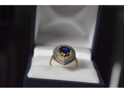 925 Sterling Silver Gold Plated Blue Alpanite, Turquoise & CZ Ring Size 8