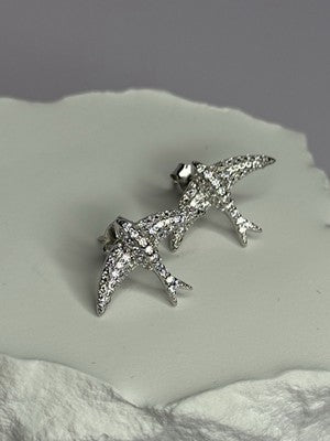 925 Sterling Silver Swallow Stud Earrings CZ Length 0.55 Inch