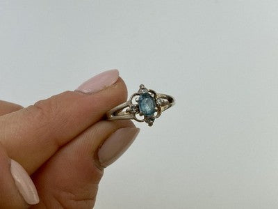 925 Sterling Silver Blue Spinel & CZ Ring Size 6.75