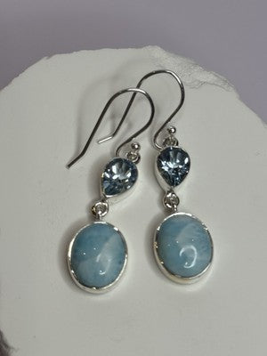 925 Sterling Silver Larimar & Topaz Earrings Length 1.7 Inch