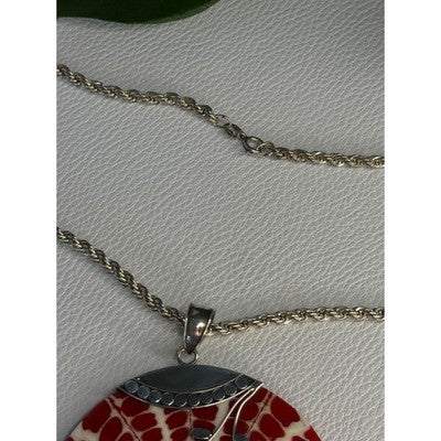 Vintage 925 Sterling Silver Red Shell Necklace Pendant Length 3 inch