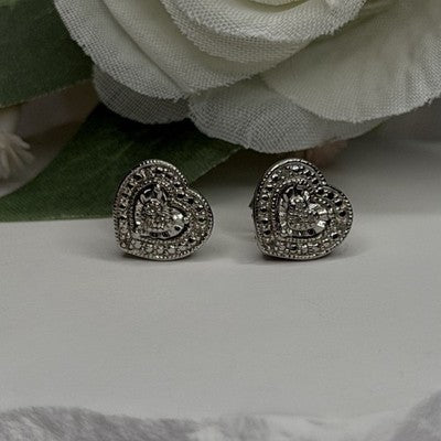 925 Sterling Silver Tiny Diamonds Heart Stud Earrings