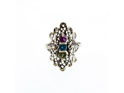 925 Sterling Silver Amethyst, Topaz & Peridot Openwork Ring Size 5