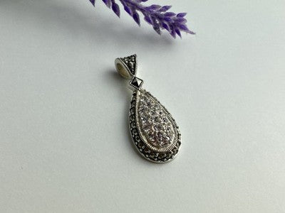 925 Sterling Silver CZ & Marcasite Drop Pendant