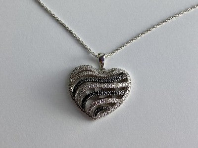 925 Sterling Silver White & Black CZ Heart Chain With Pendant