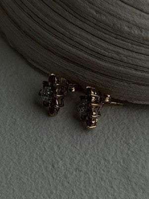 10K Yellow Gold Ruby & Diamond Flower Earrings