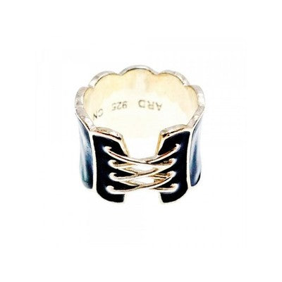 925 Sterling Silver Black Enamel "Corset" Ring Size 7