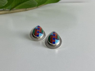 Vintage 925 Sterling Silver Agate Mosaic Stud Earrings