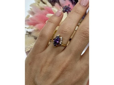 925 Sterling Silver Gold Plated Amethyst & CZ Ring Size 7